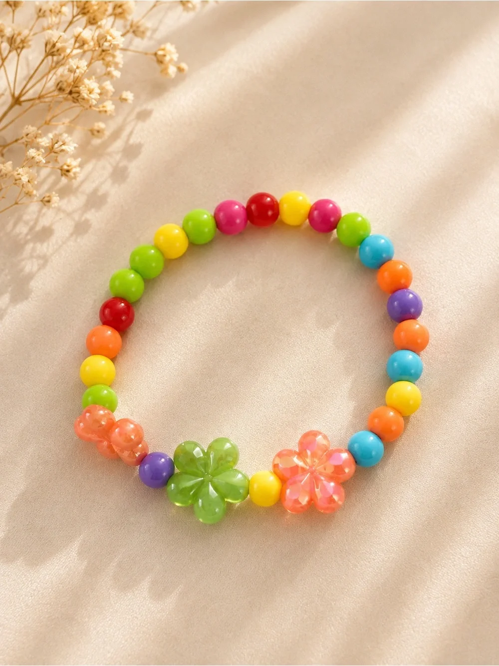 Kids Multicolor Beaded Flower Bracelet - Bright Rainbow